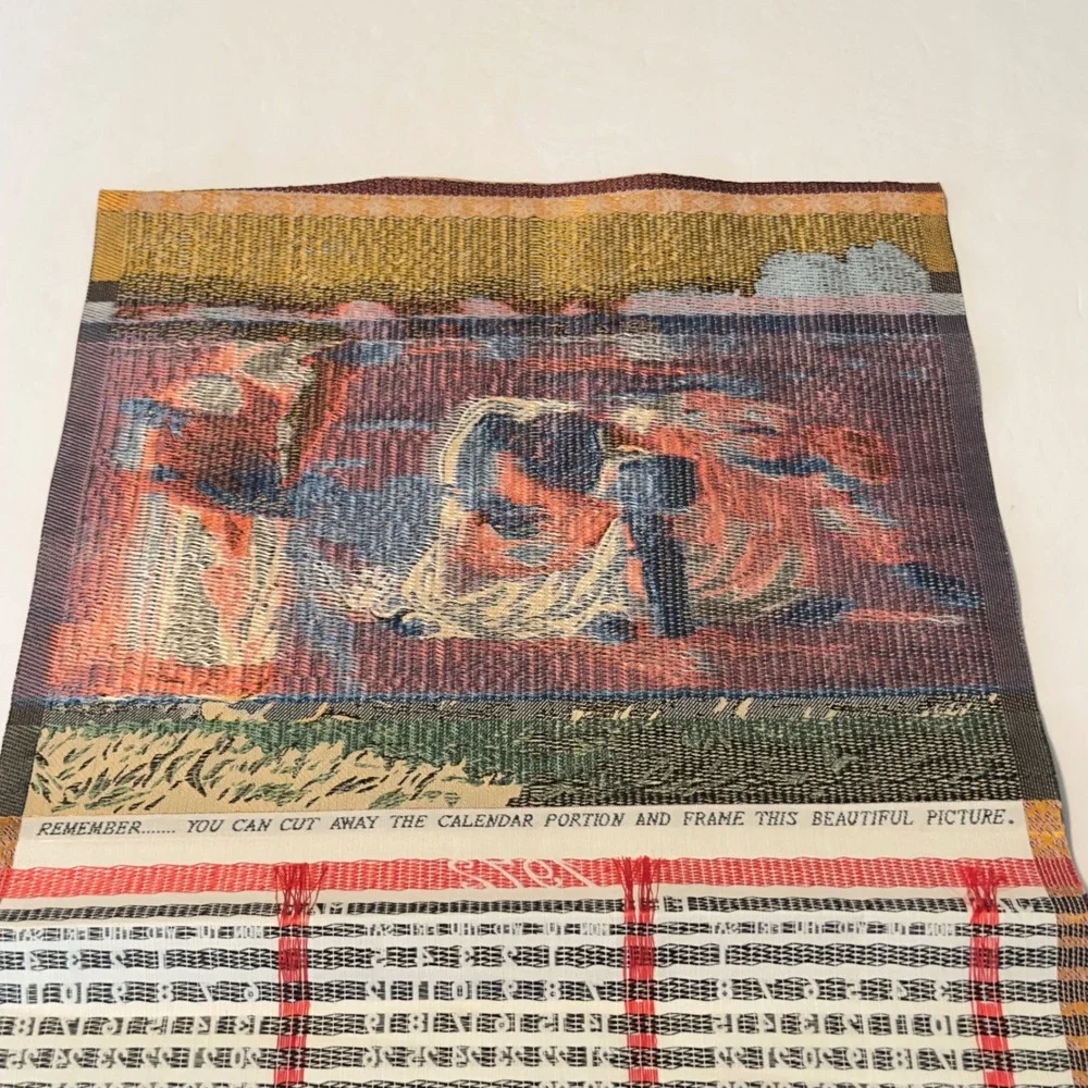 Vintage 1972 Asian Silk Woven Scroll Calendar The Gleaners Tapestry Wall Hanging